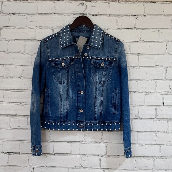 Bagatelle Pearl Embellished Denim Trucker Jean Jacket In Blue - NWT - Picture 4 of 17